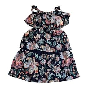 Club Monaco Lonti 100% Silk Tiered Floral Black Dress Pink Floral Print Flowy 00